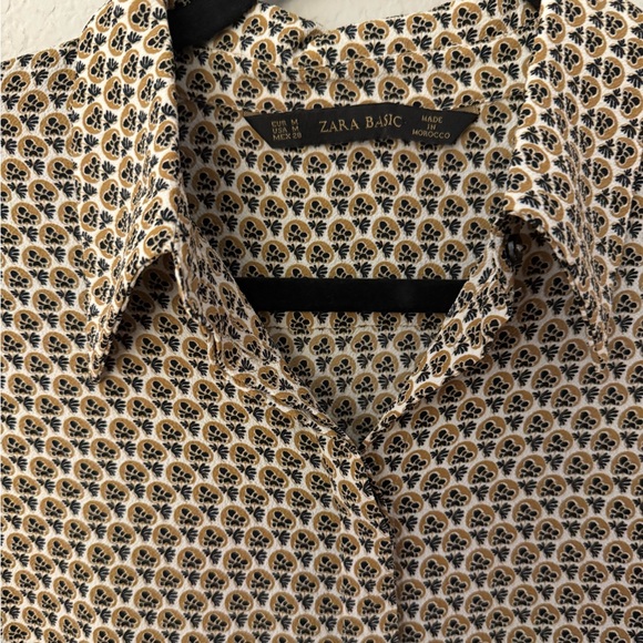 Zara Patterned Button Up Shirt Black Gold Tan White - Picture 1 of 6